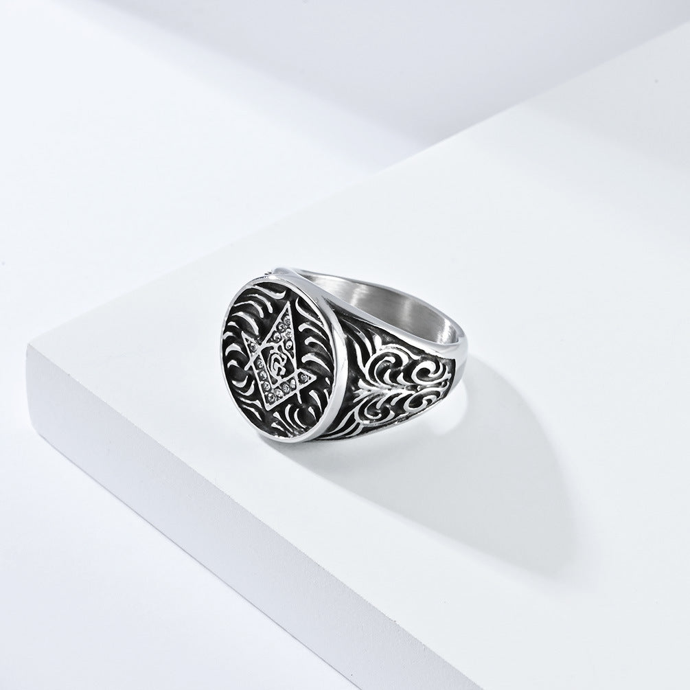 Planderful Masonic Zircon Titanium Steel Ring For Men Retro Fraternity Hand Jewelry Domineering Style