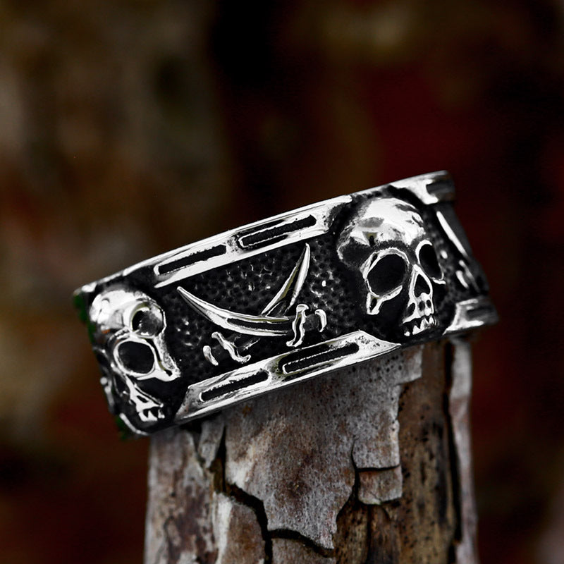 Stainless Steel Punk Hip-Hop Skull Ring for Men - Double Sickle Design in Titanium Steel, Wholesale Options Available