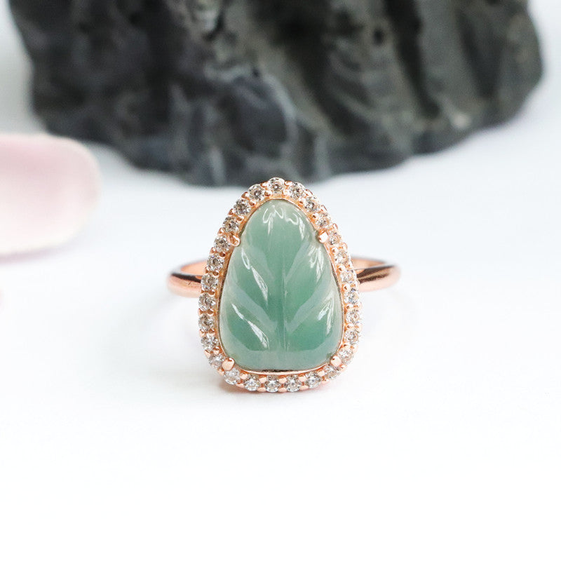 Ice Blue Green Leaves Jade Sterling Silver Ring
