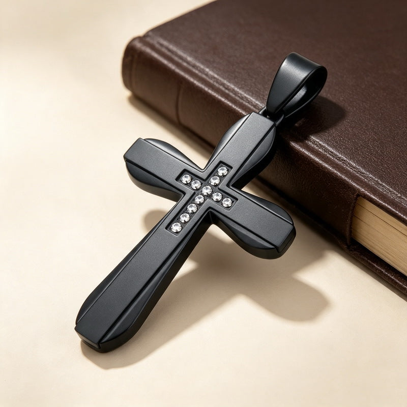 Hip Hop Rock Double Contrast Color Zircon Cross Titanium Steel Pendant Back Stainless Necklace