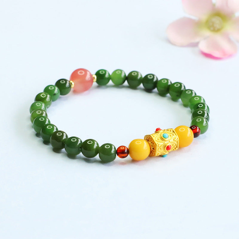 Hetian Jasper Beaded Bracelet with Gold-Tone Accents