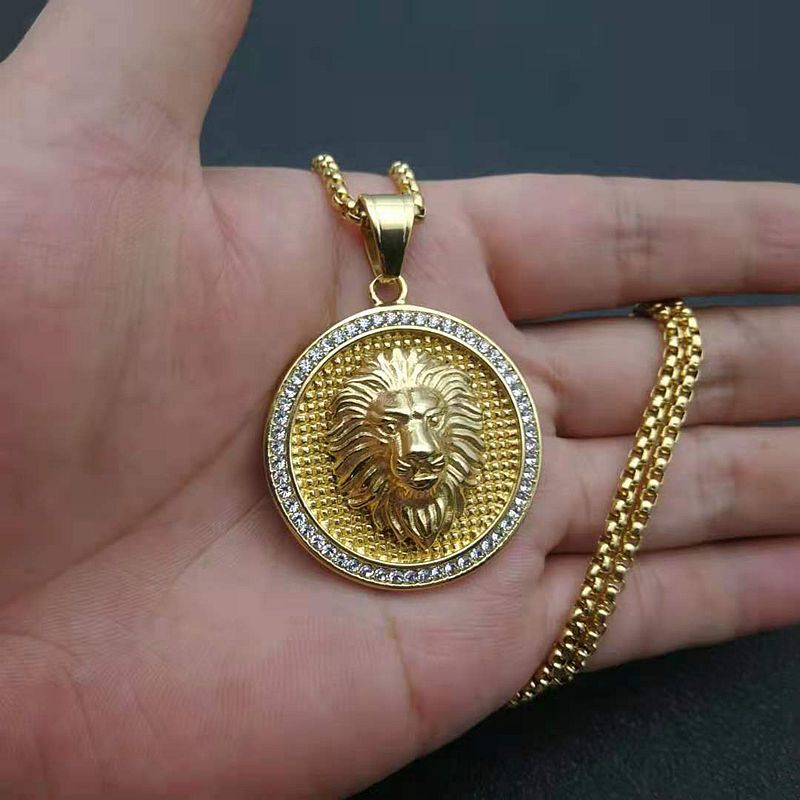 Rhinestone Necklace - Luxury Lion Head Pendant, Gold Plated Steel, Hip Hop Style