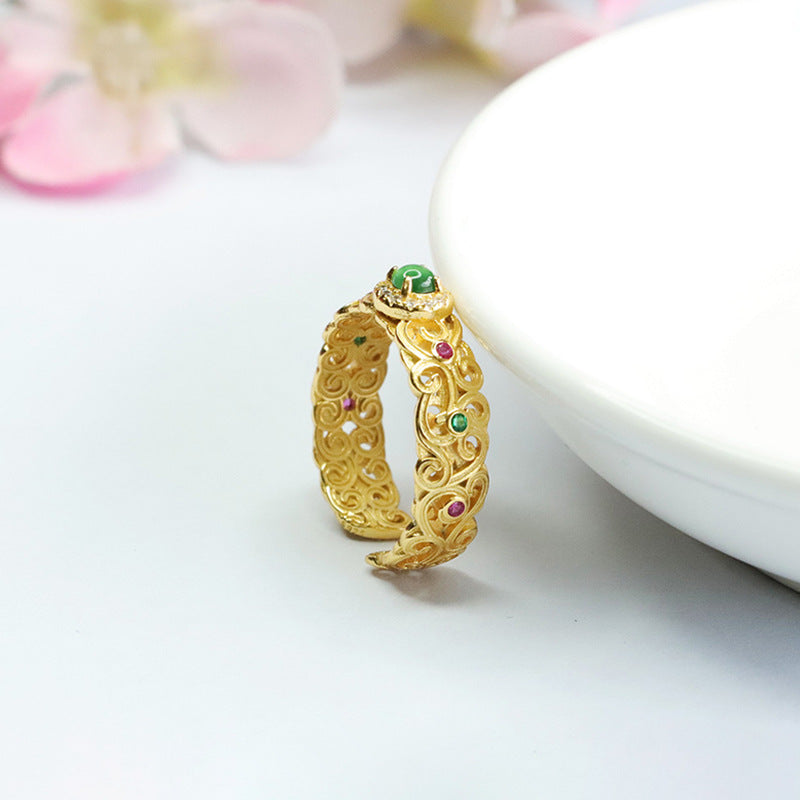 Green Jadeite Openwork Floral Ring