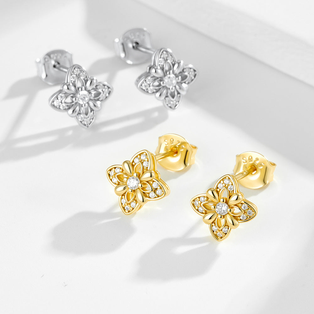 S925 Sterling Silver Zircon Lucky Four-Leaf Clover Earrings Design Earrings