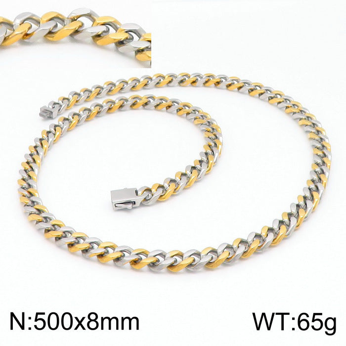 Stainless Steel Cuban Chain Bracelet, Rock Street Men's Vacuum Plated Four-Sided Grinding Square Necklace