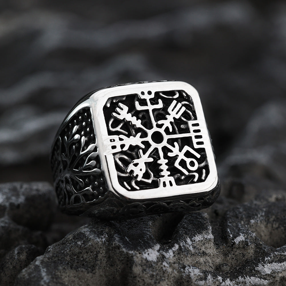 Nordic Vintage Stainless Steel Men's Ring Viking Tree of Life Compass Print