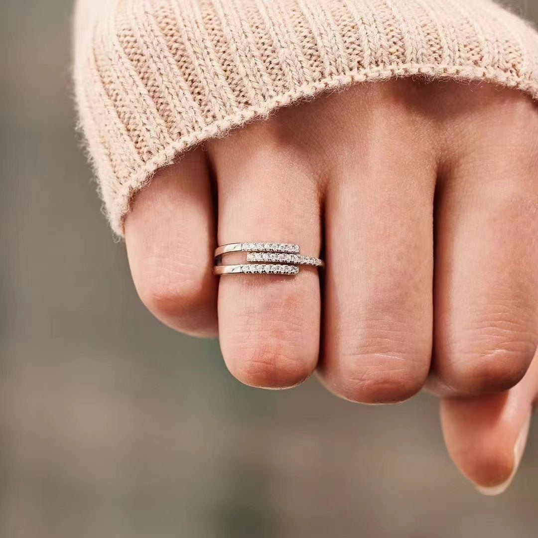 Three Layer Zircon Opening Sterling Silver Ring