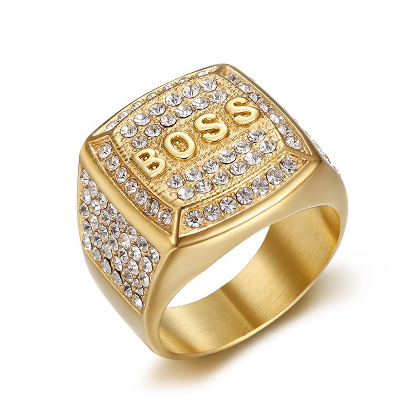 Planderful Hip Hop Ring For Men Titanium Steel Gold Plated Rhinestone Square Boss Letter Bold Statement Accessory