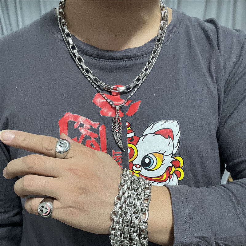 Personalized Retro Titanium Steel Feather Pendant Necklace with Red Stone for Men