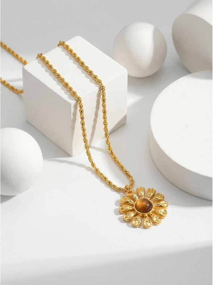 Stainless Steel French Flower Natural Tiger's Eye Necklace
