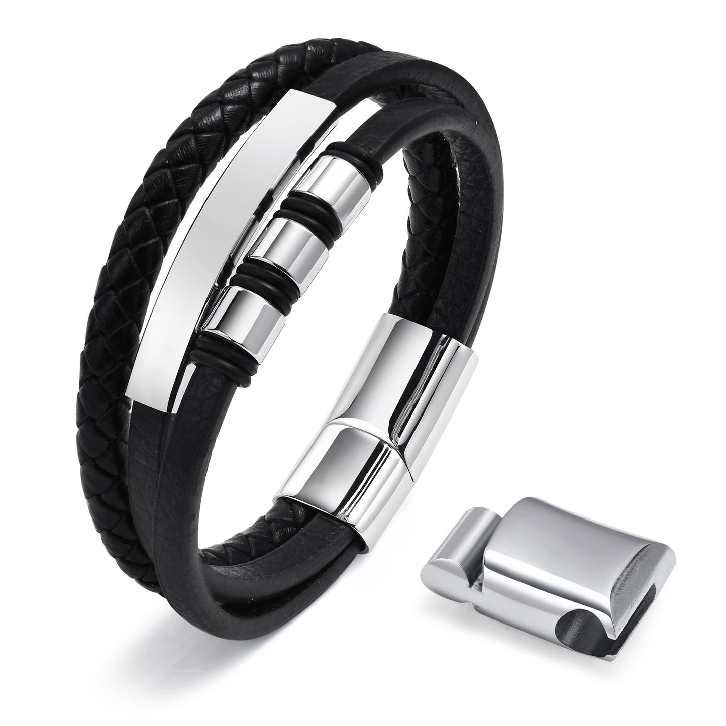 Titanium Steel Men's Leather Bracelet Three-Layer Black Model