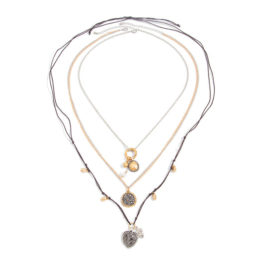 Stacked With Retro Love-Shaped Slightly Inlaid Zircon Necklace Western Wind Old Water