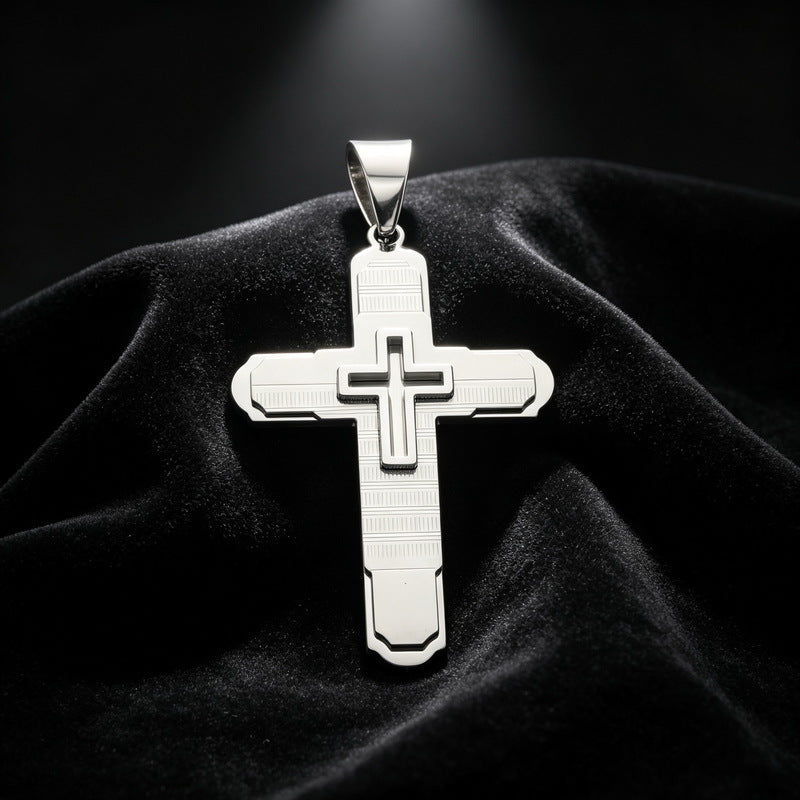 Hip-Hop Rock Multi-Level Design Cross Pendant Retro Brushed Stainless Steel Men's Pendant Necklace