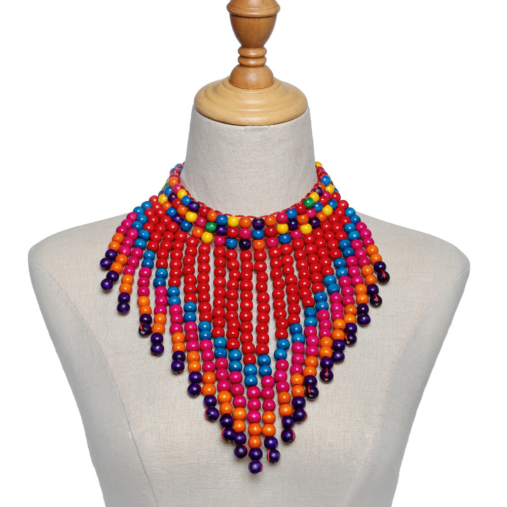 Savanna Rhythms Exotic Wood Bead Necklace with Tassel Triangle Scarf Design Shawl Chain Oversized Accent Necklace