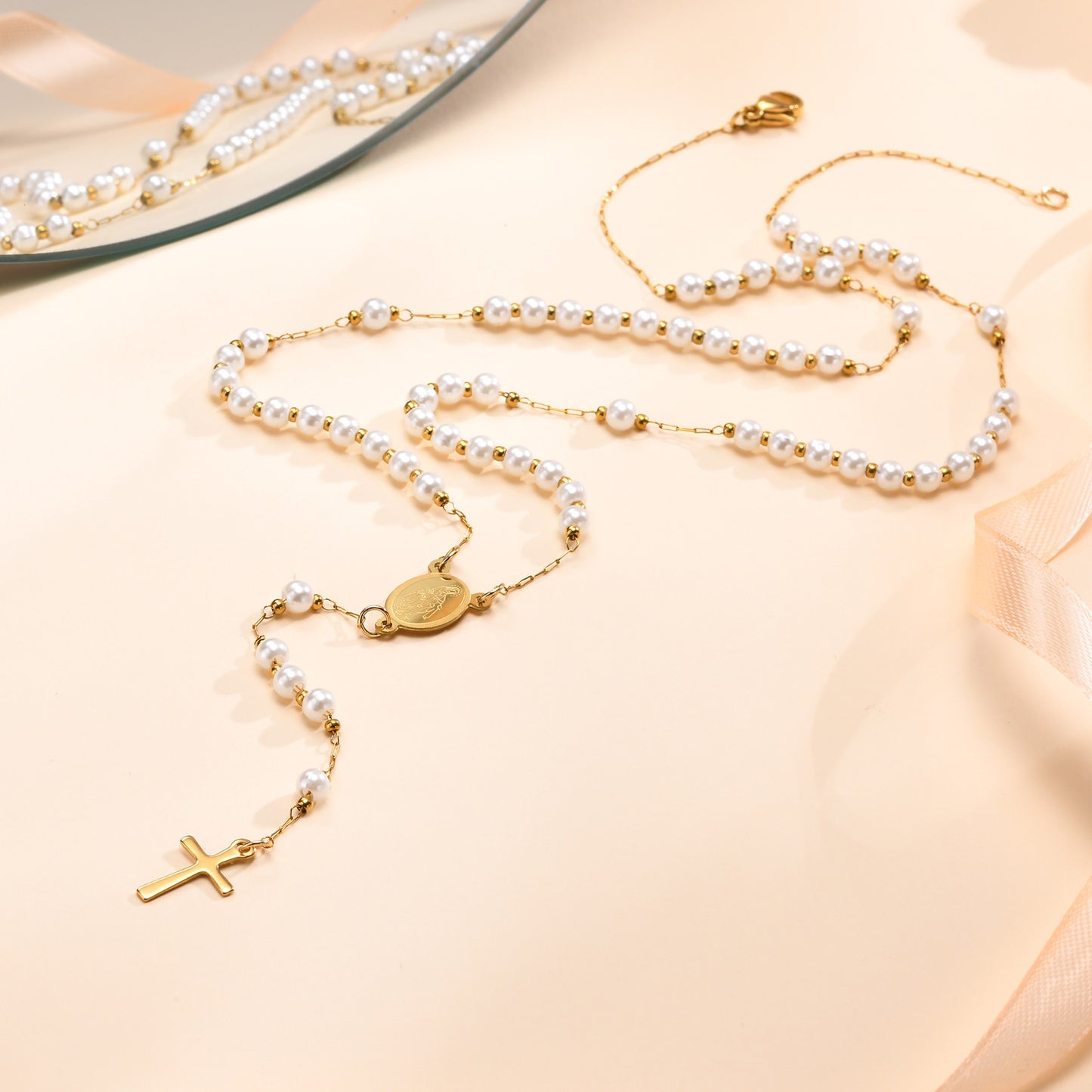 Ladies Stainless Steel Virgin Mary Cross Beaded Necklace Gold