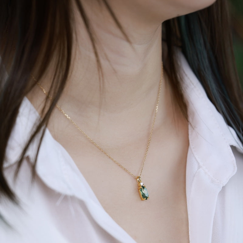 S925 Sterling Silver Moss Agate Pendant Necklace