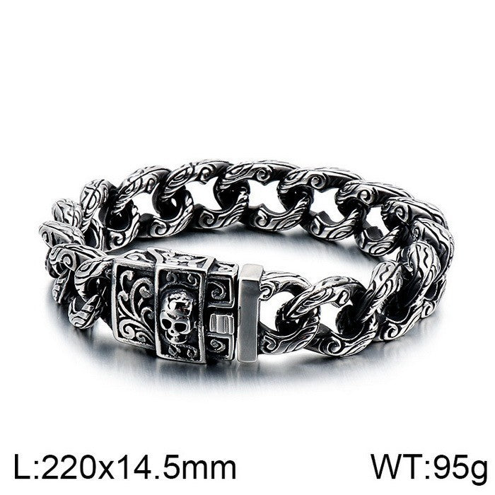 Dark Flower Pattern – Smearing Skull Buckle Cuban Chain Titanium Bracelet
