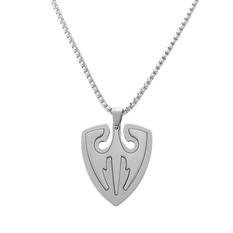 Titanium Steel Retro Shield Pendant Necklace with Angel Wing Design for Men