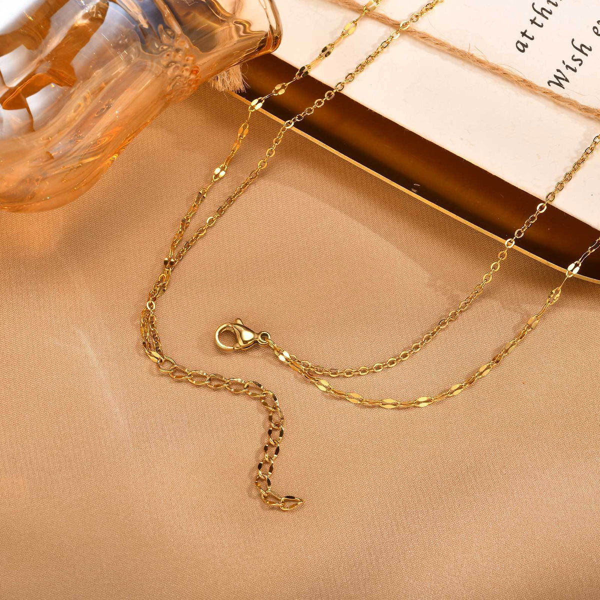 Stainless Steel Double Layer Imitation Pearl Y-Shaped Tassel Gold Necklace