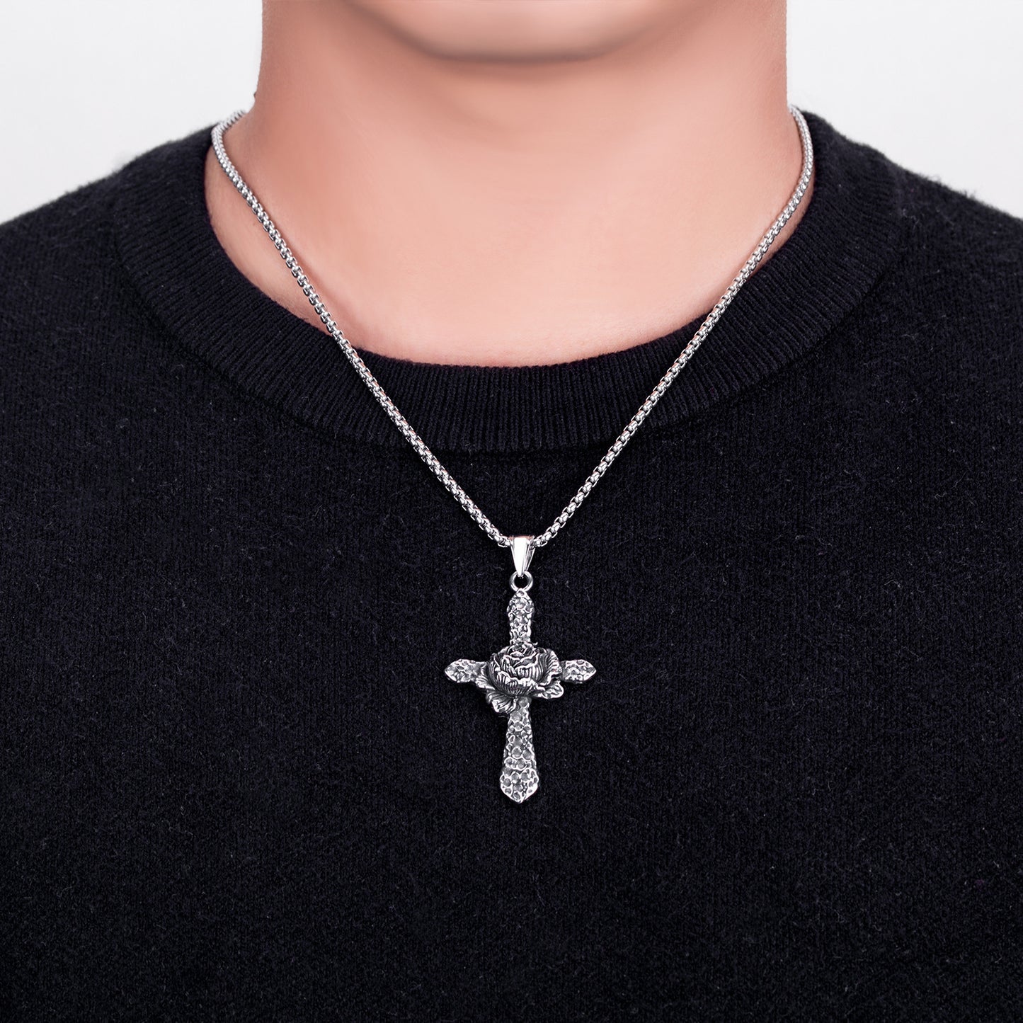Steel Necklace - Vintage For Men And Women Thorn Rose Cross Pendant Hip Hop Style