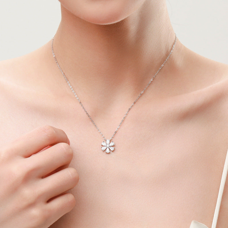 Lucky Flower Sterling Silver Necklace with Zircon Pendant
