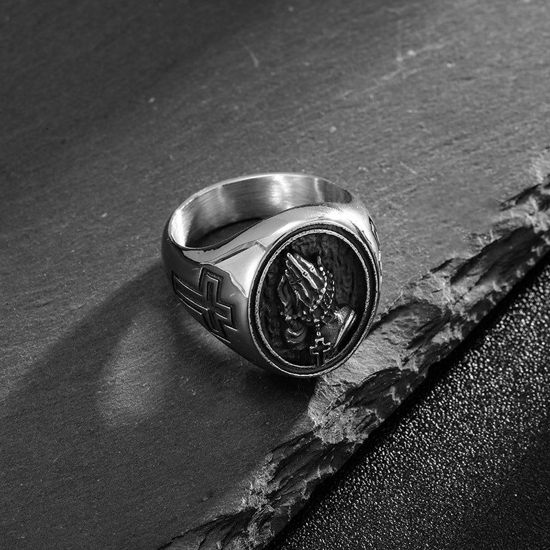 Planderful Everyday Genie Durable Stainless Steel Prayer Hand Cross Mens Ring Size 7 To 13 Hip Hop Style