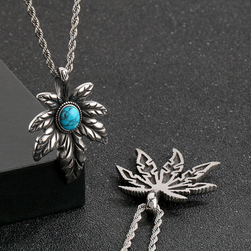 Vintage Plant Maple Leaf Straight Batch, Punk Stainless Steel Turquoise Leaf Men's Pendant Necklace