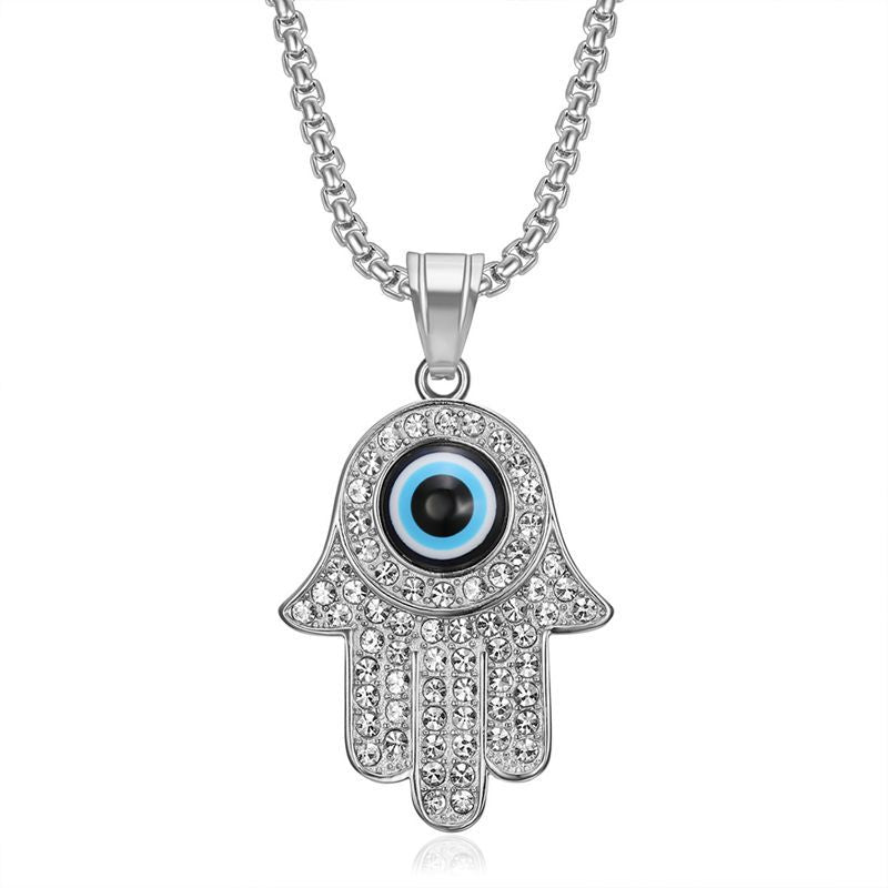 Planderful Fatima Hand Necklace Gold Plated Titanium Steel Rhinestone Blue Eye Hip Hop Pendant For Fashion Lovers