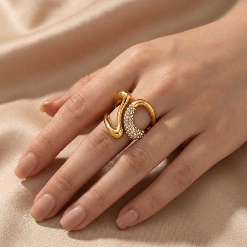 Hip Hop Double Twisted Hollow Zircon Ring French Niche Design Curve Stainless Steel