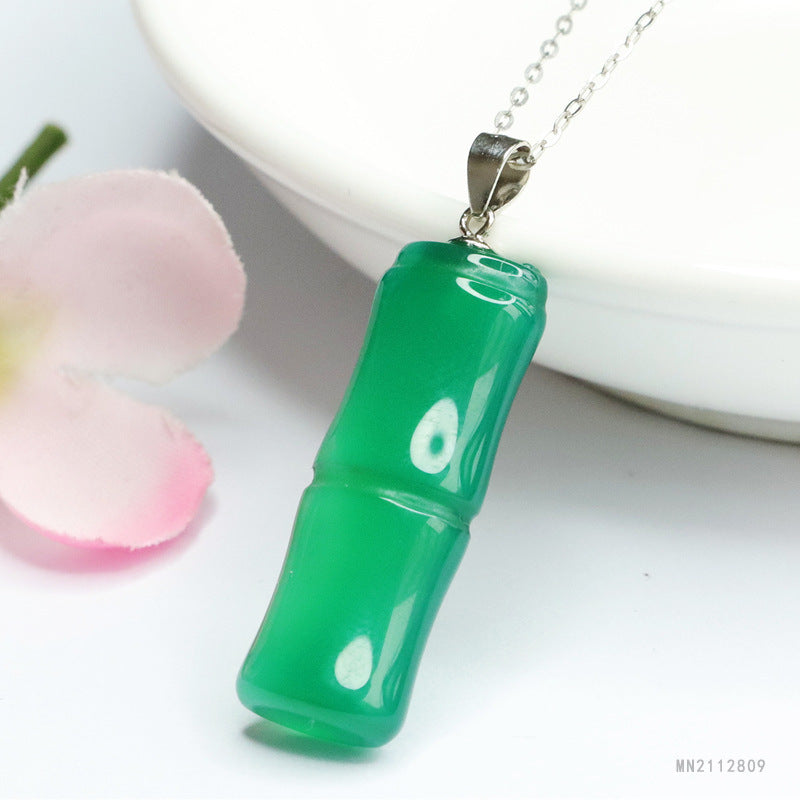 Icy Green Chalcedony Bamboo Silver Pendant — No Chain