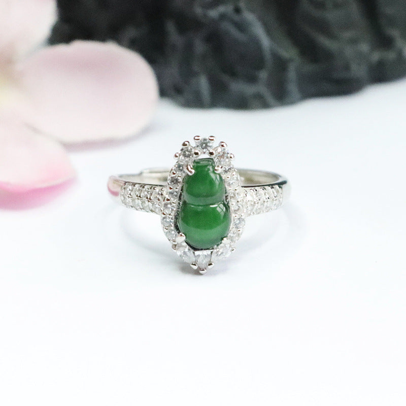 Sterling Silver Adjustable Ice Green Jadeite Gourd Ring