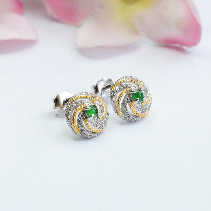Icy Green Jadeite Spiral 925 Silver Stud Earrings