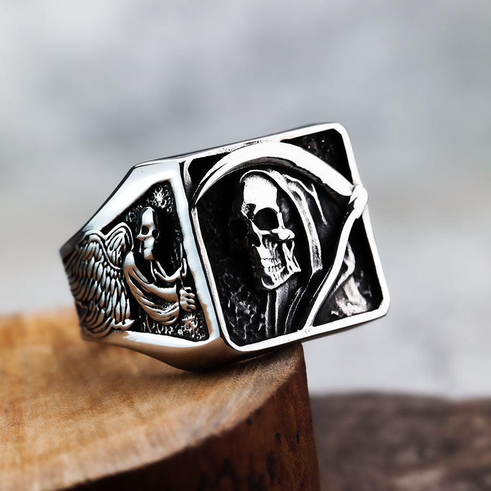 Planderful Grim Reaper Ring for Men in Retro Stainless Steel Punk Skull Wing Design