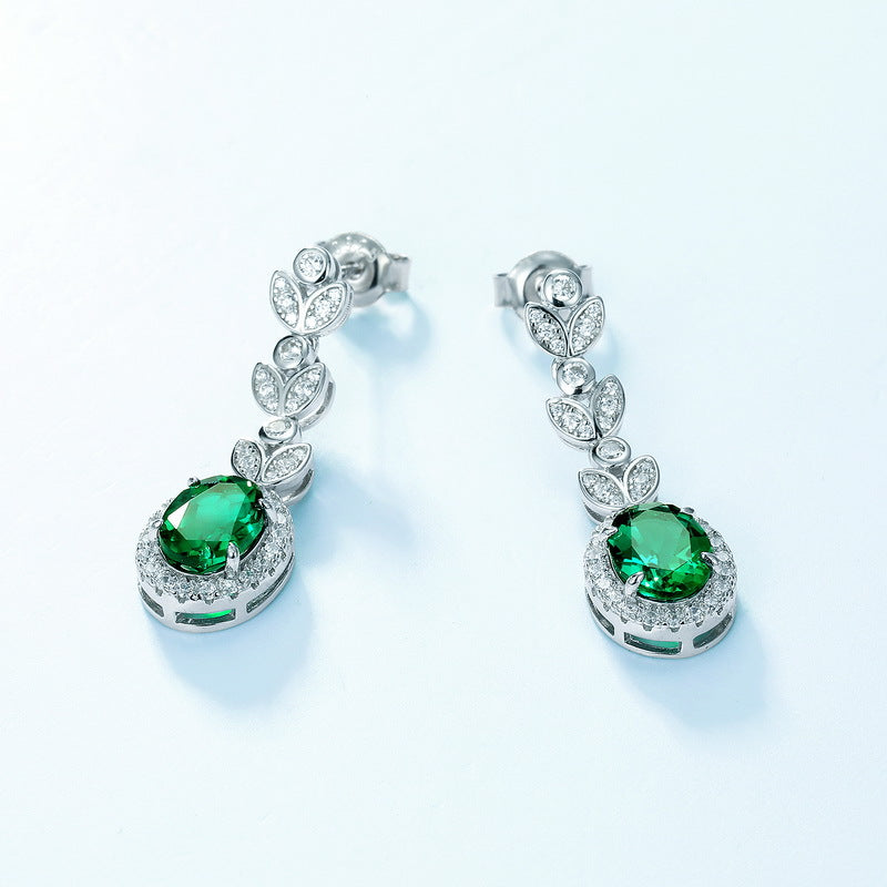 S925 Sterling Silver Lab-Grown Emerald Leaf Stud Earrings