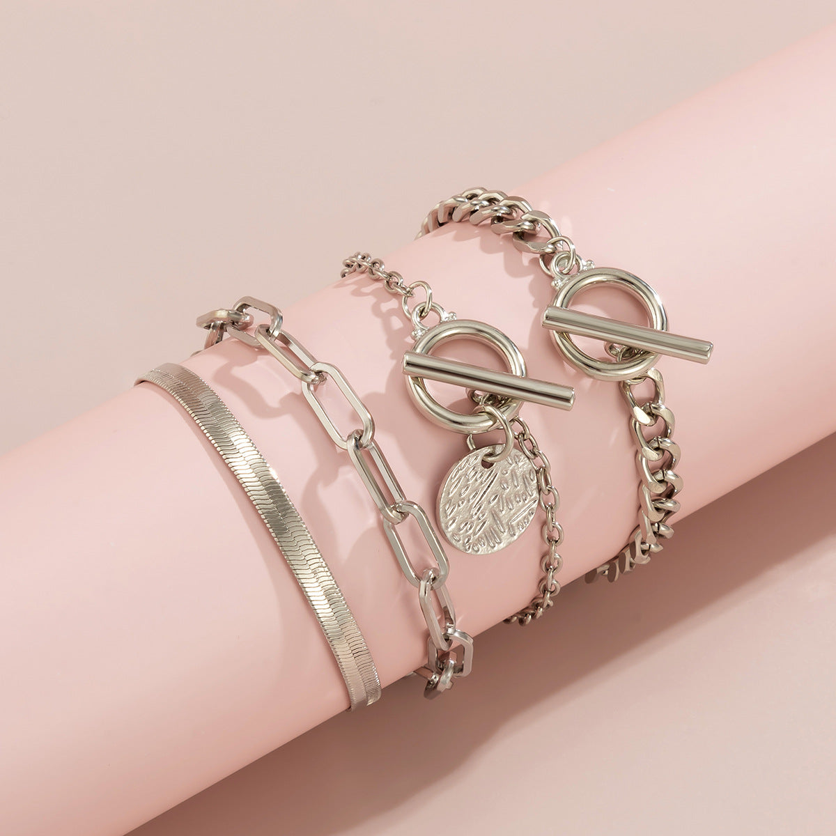 Planderful Vienna Verve Multi Layer Snake Chain Bracelet Set Buckle Tag Statement Jewelry For Women