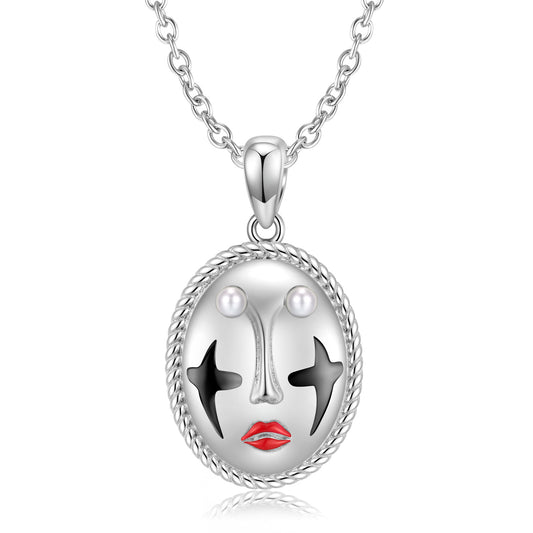 Joker Mask Oval Pendant Silver Necklace