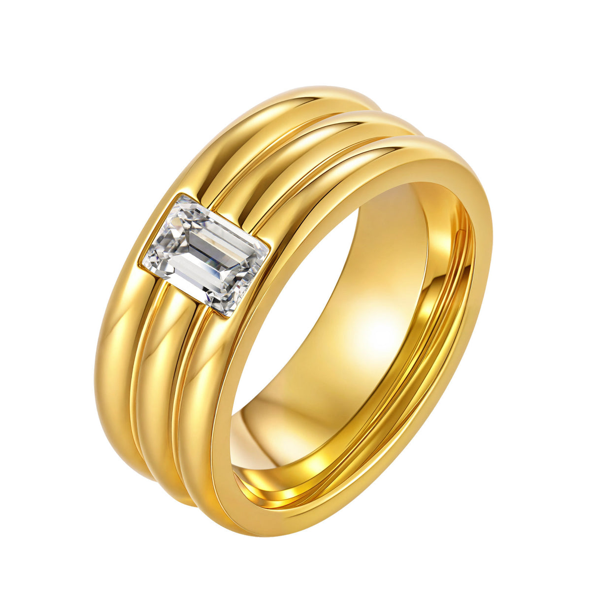 Unisex – Stainless Steel Plated Three-Layer Rectangular White Zircon Ring