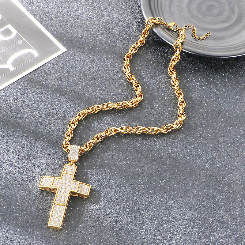 Twist Chain Hip Hop Inlaid With Zircon Double Cross Hollow Pendant Stainless Steel Necklace