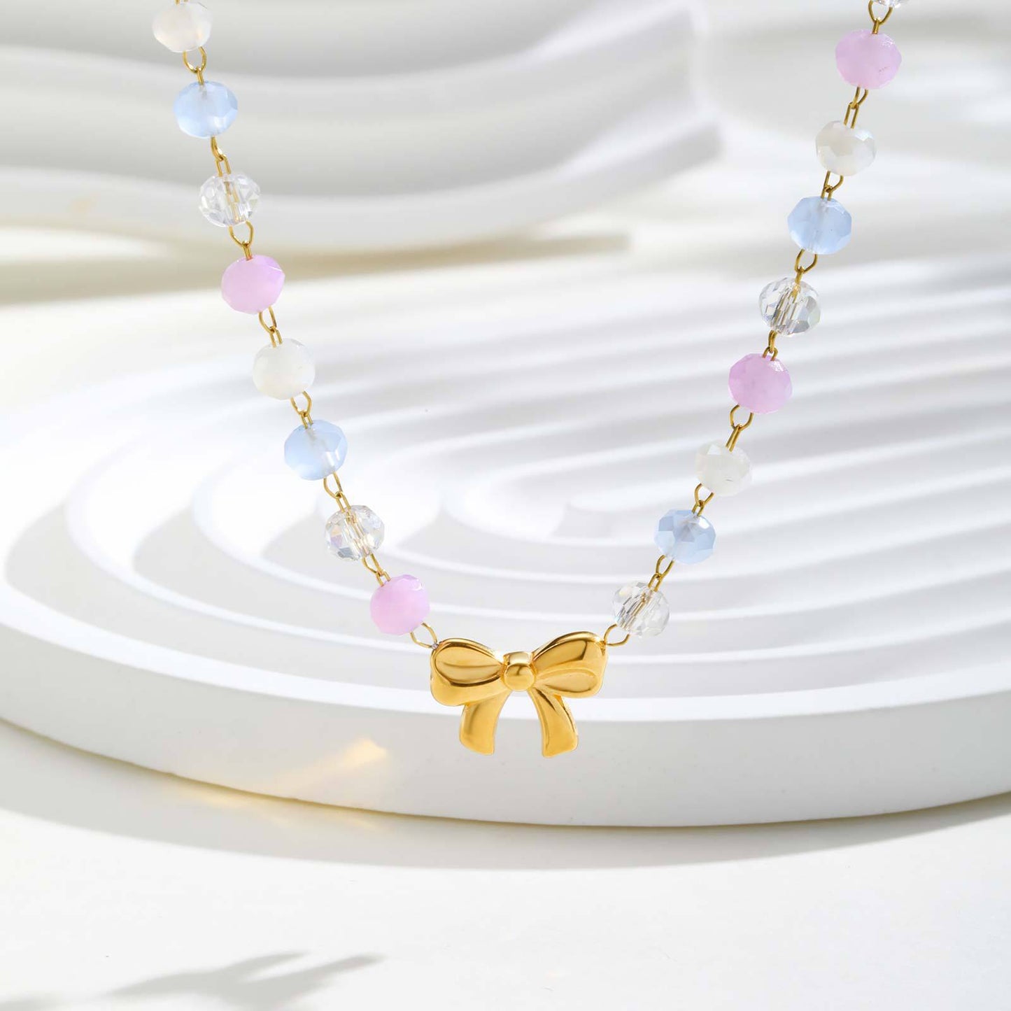 Ladies Sweet Little Fresh Stainless Steel Bow Color Gradual Change Bead Necklace