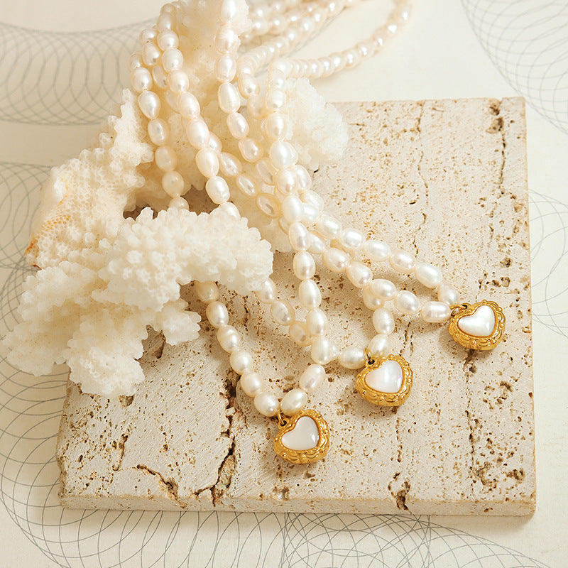 Pearl White Sea Shell Heart Pendant Necklace with Titanium Steel Chain