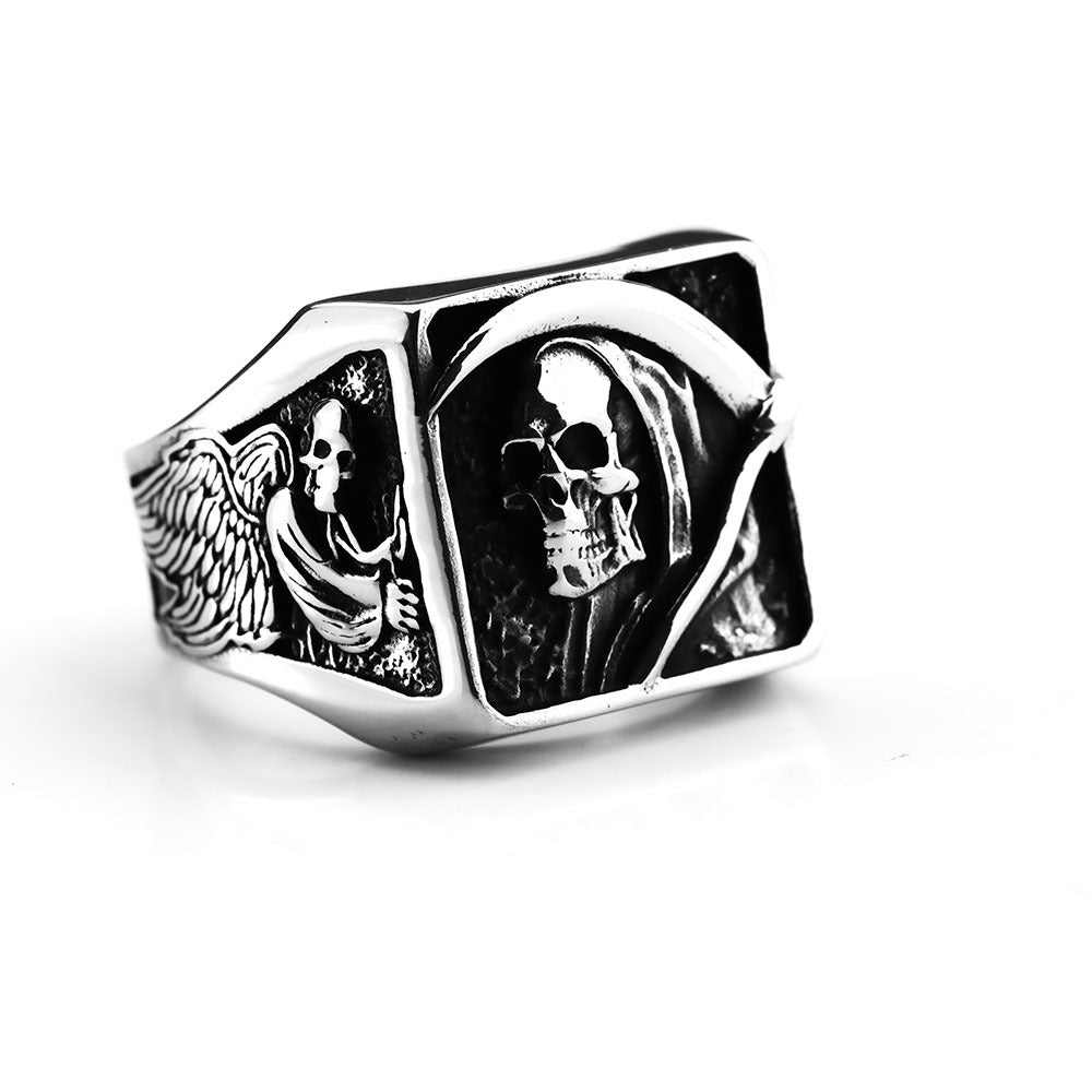 Planderful Grim Reaper Ring for Men in Retro Stainless Steel Punk Skull Wing Design