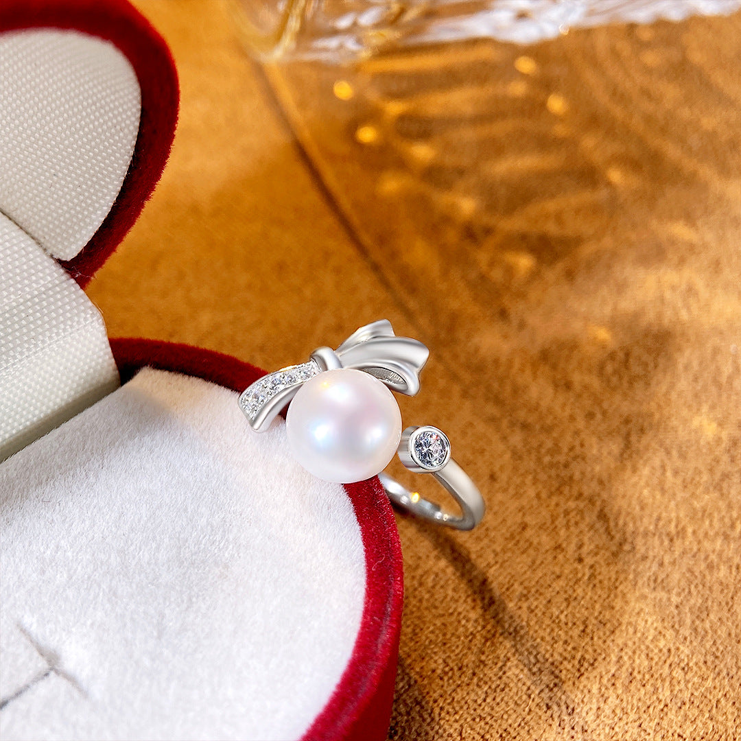 S925 Sterling Silver Freshwater Pearl Bow Ring — Adjustable