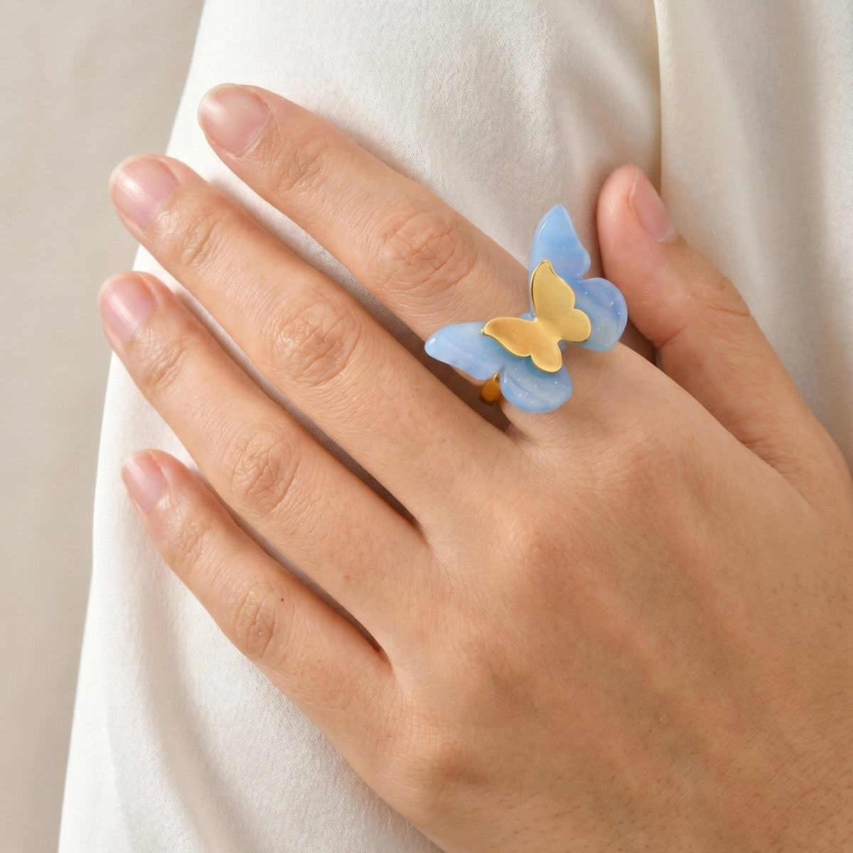 Cold Style Stainless Steel Blue Butterfly Double-Layer Open Ring