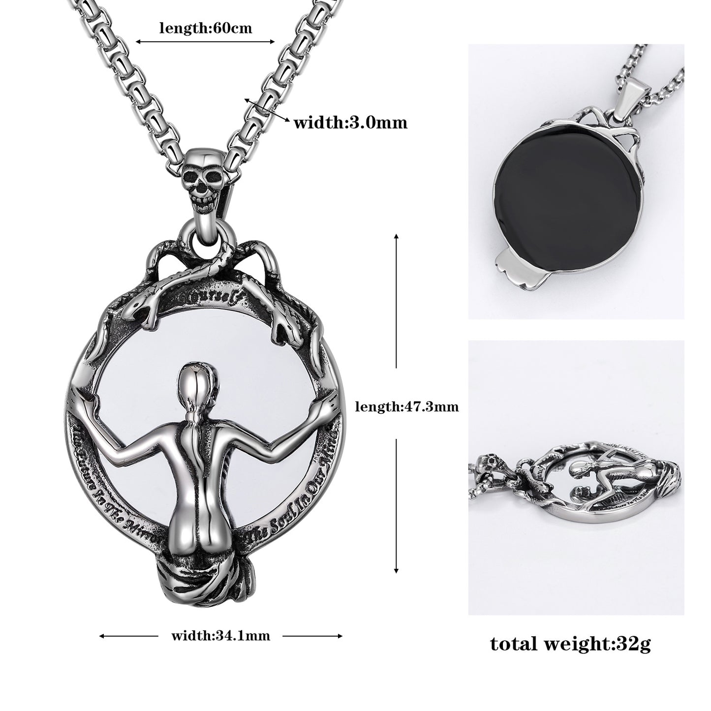 Steel Necklace – Vintage Skull Mirror Pendant