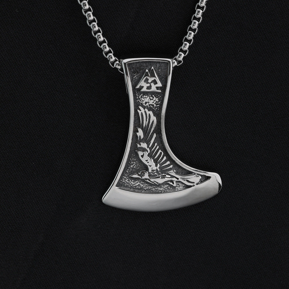 Planderful Viking Pendant For Men Bold Stainless Steel Norse Axe Wolf Raven Double Sided Necklace