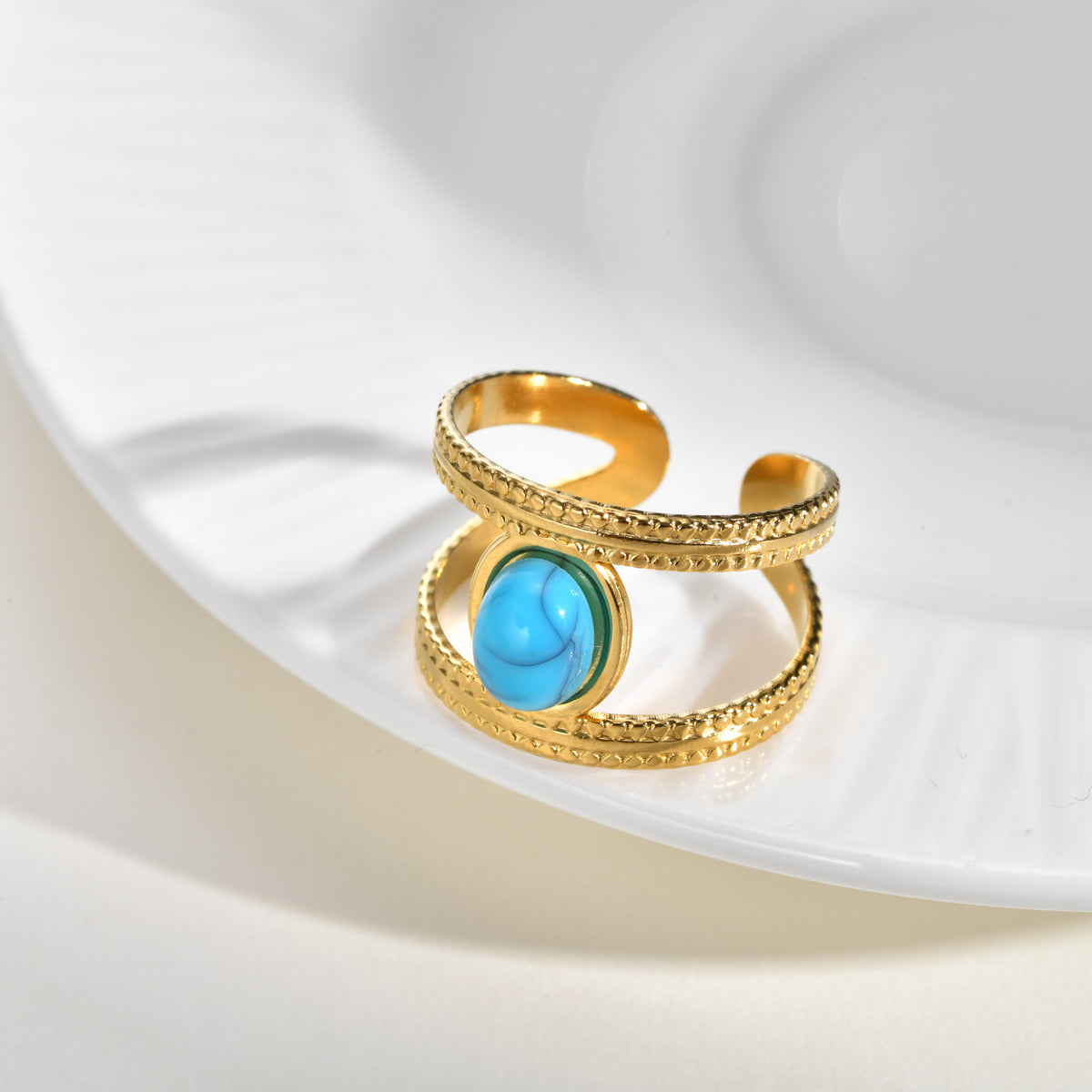 Stainless Steel French Color Amber Stone Double Open Ring