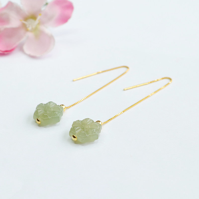 Small Flower Sterling Silver Earrings with Natural Hetian Jade Insets