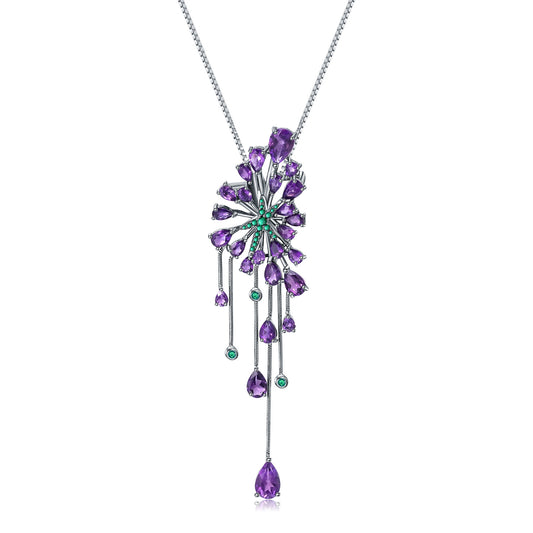 Starry Sky Shining Natural Amethyst Tassels Silver Necklace