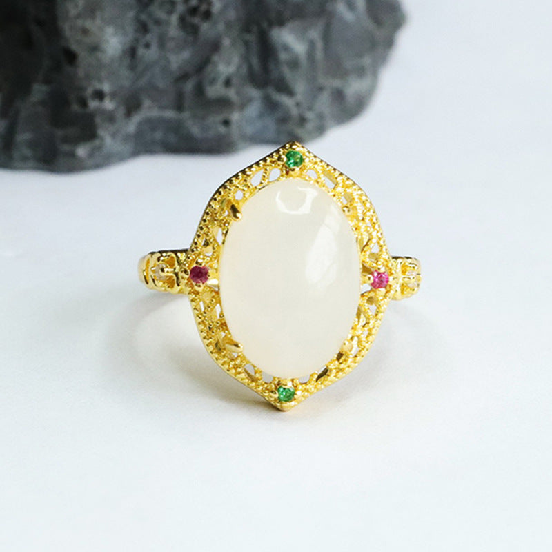 Exquisite Oval White Jade Ring with Zircon Hollow Halo