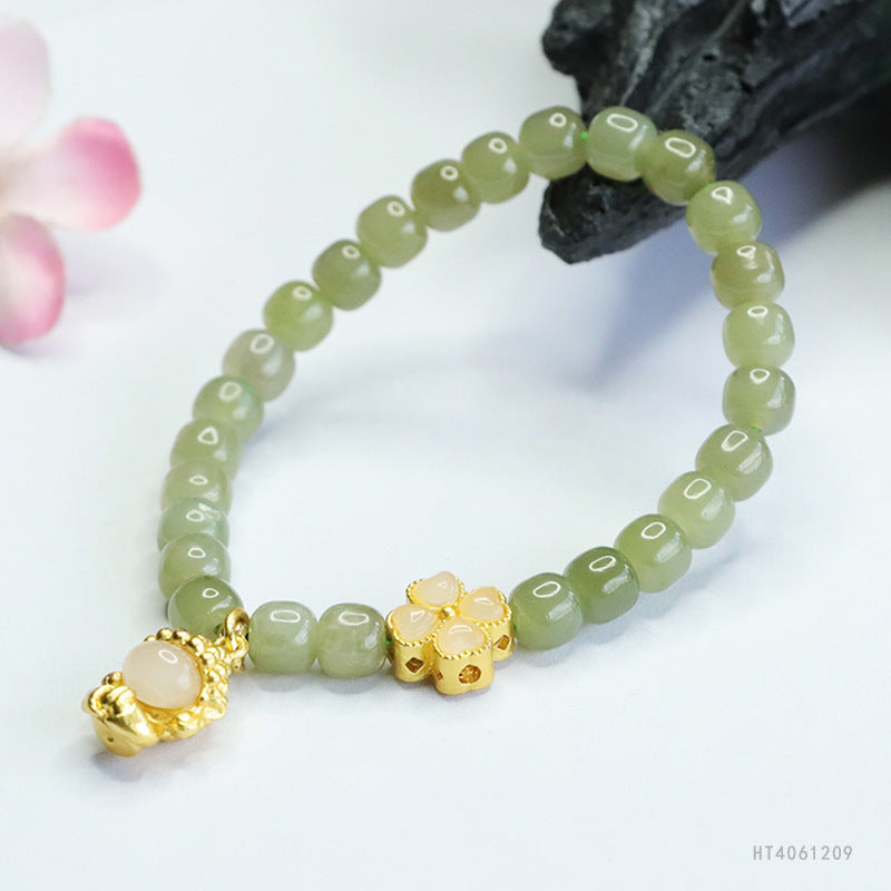 Qingshui Hetian Jade Flower & Buddha Charm Bracelet